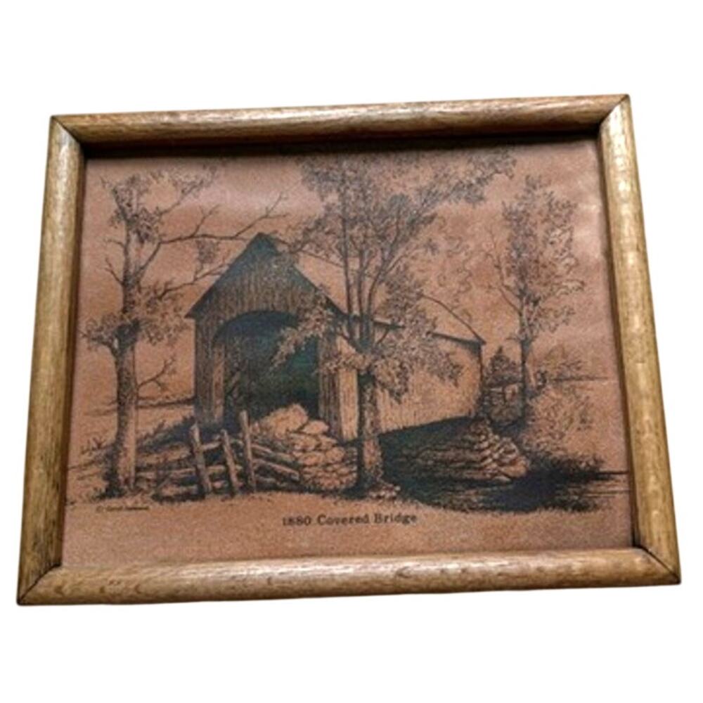 Carol Lebeaux Framed Art Medium 1984 Calendar Cork Board Covered Bridge Retro